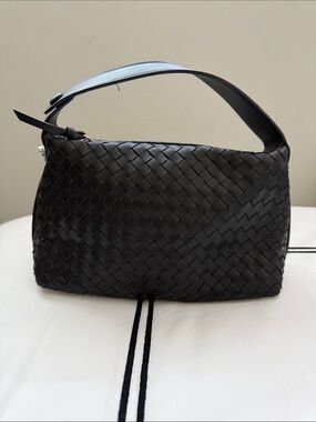 Woven Faux Leather Mini Shoulder Bag in Black